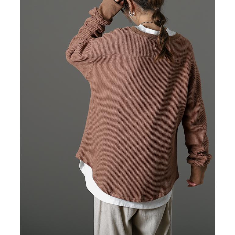 トップス レディース ワッフル トレーナー サーマル カットソー Tシャツ シンプル 長袖 リブ | HUG.U | 14