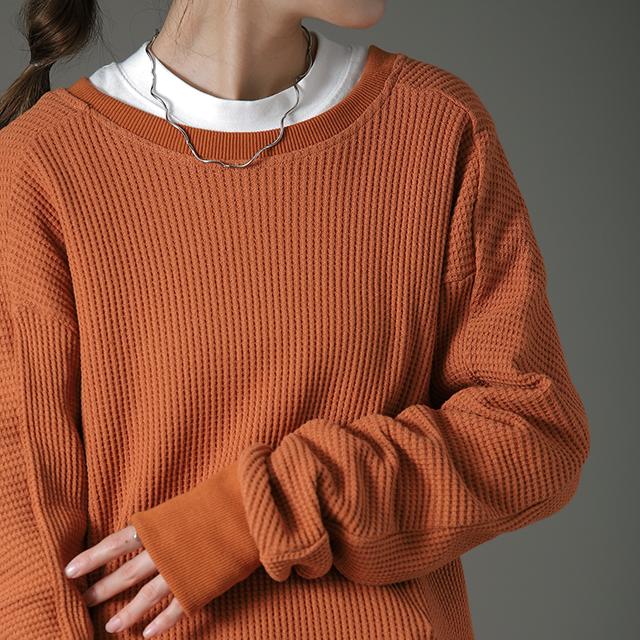 トップス レディース ワッフル トレーナー サーマル カットソー Tシャツ シンプル 長袖 リブ | HUG.U | 22