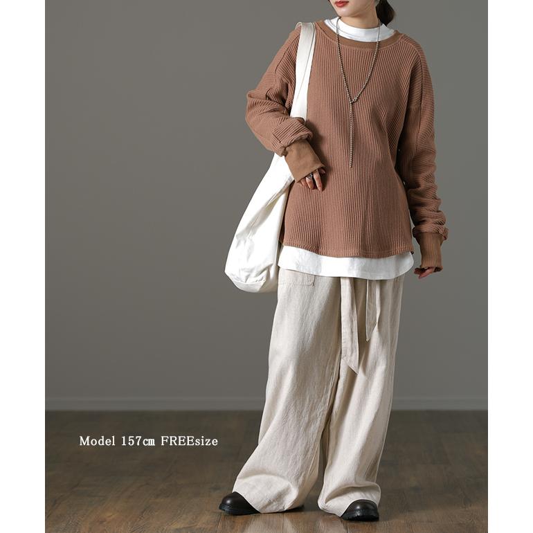 トップス レディース ワッフル トレーナー サーマル カットソー Tシャツ シンプル 長袖 リブ | HUG.U | 07