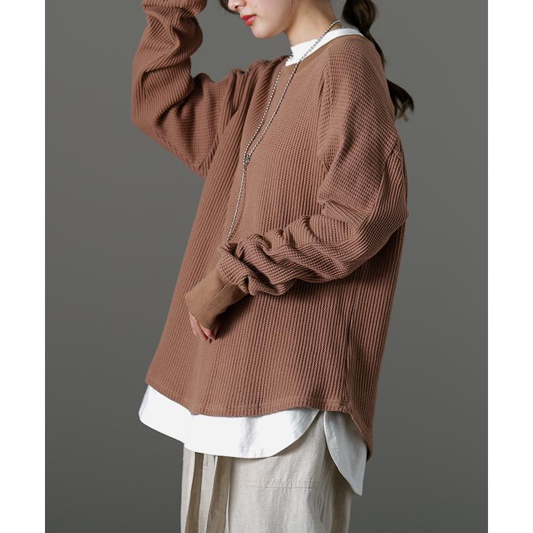 トップス レディース ワッフル トレーナー サーマル カットソー Tシャツ シンプル 長袖 リブ | HUG.U | 09