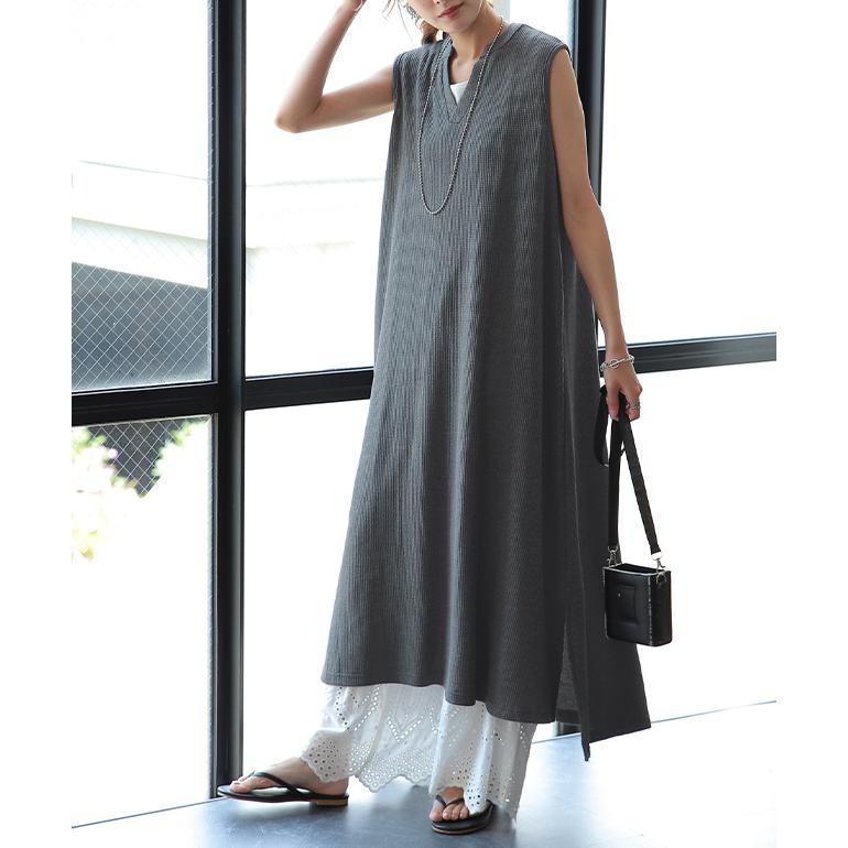 ワンピース レディース ロングワンピース キーネック ノースリーブ ワッフル | HUG.U | 20