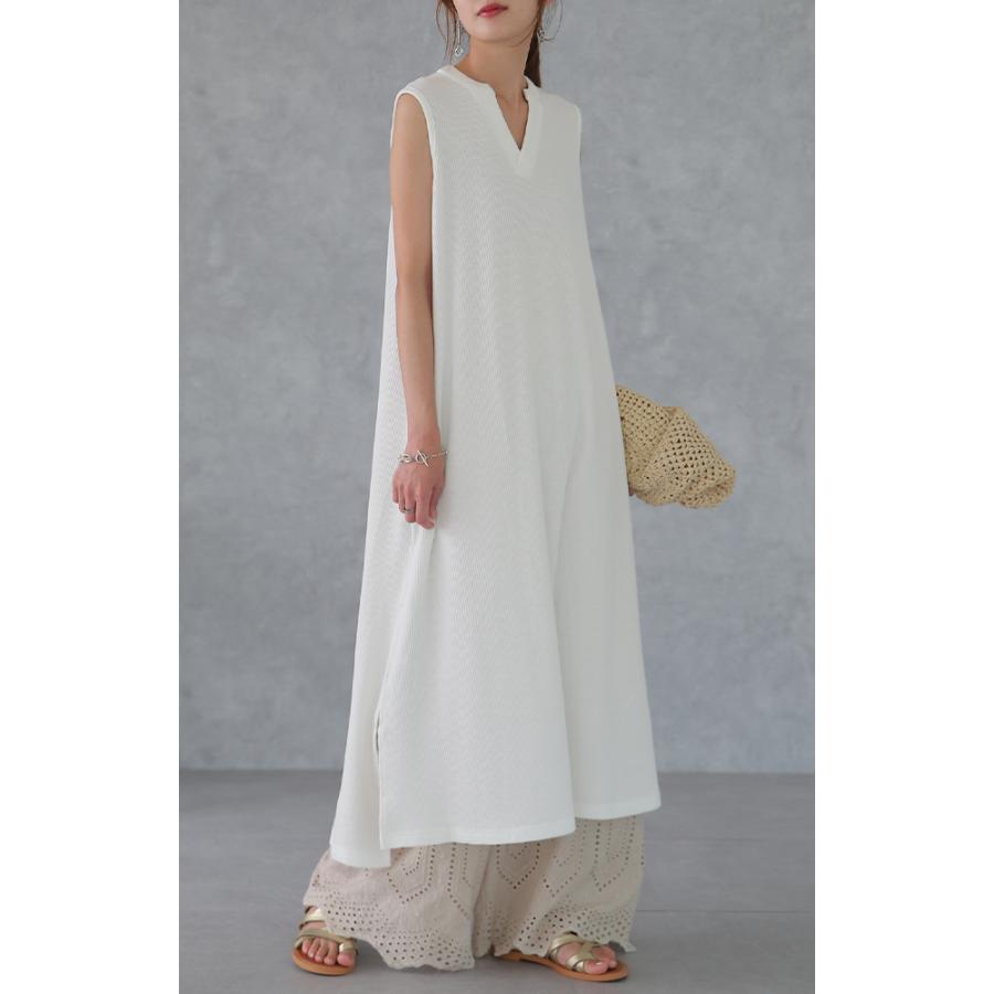 ワンピース レディース ロングワンピース キーネック ノースリーブ ワッフル | HUG.U | 21