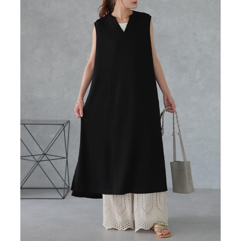 ワンピース レディース ロングワンピース キーネック ノースリーブ ワッフル | HUG.U | 23