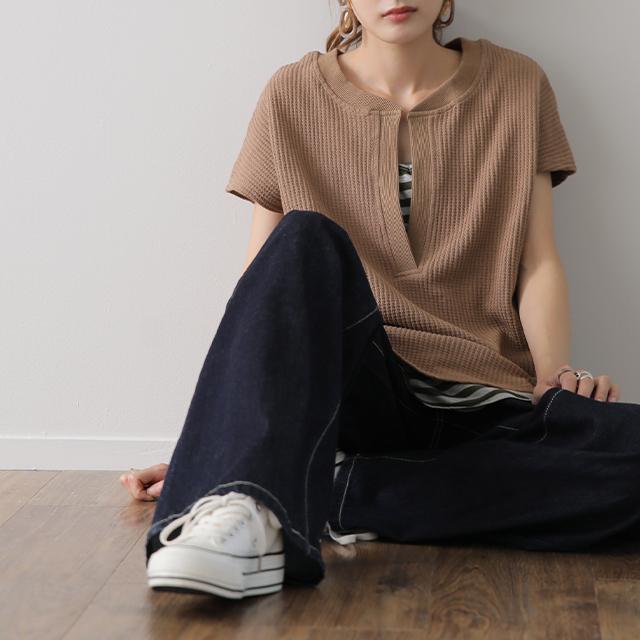 トップス カットソー レディース フレンチスリーブ Tシャツ ワッフル サーマル | HUG.U | 23