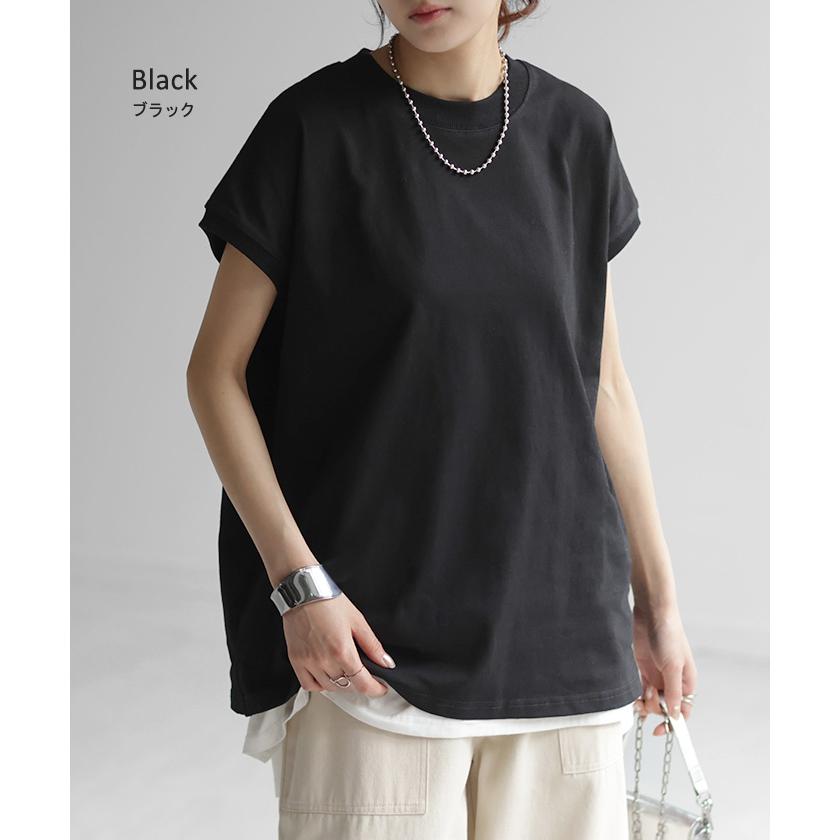 Tシャツ レディーストップス フレンチスリーブ モックネック 半袖 無地 黒 白 | HUG.U | 21
