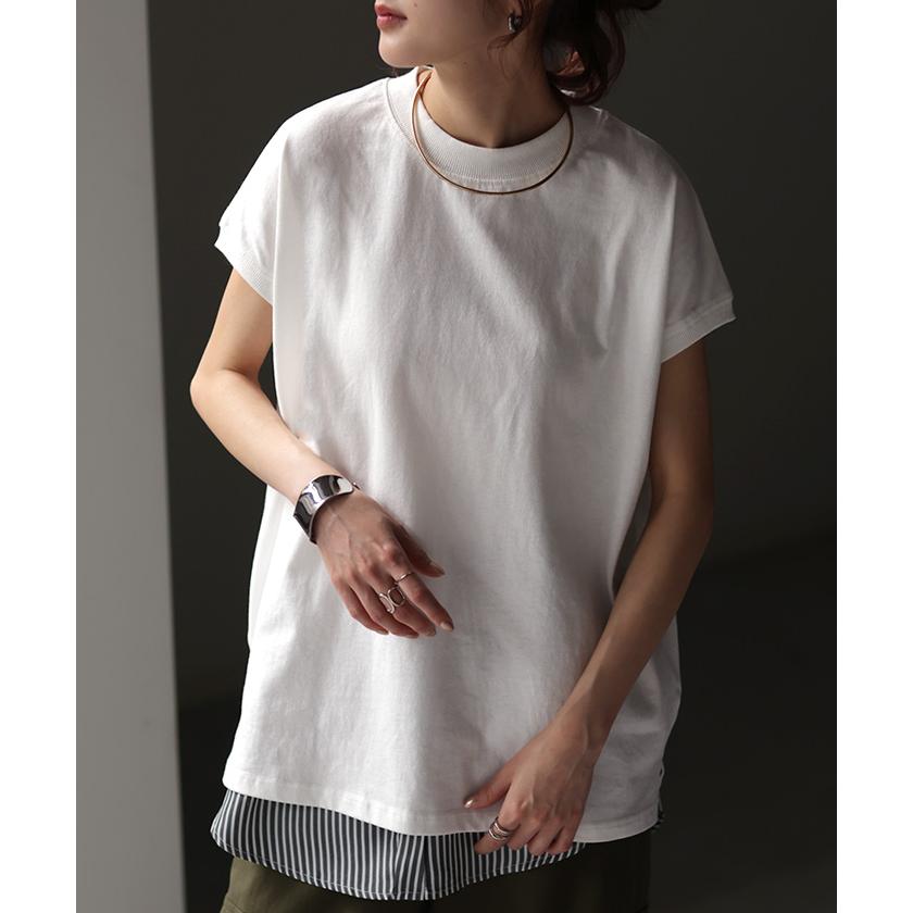 Tシャツ レディーストップス フレンチスリーブ モックネック 半袖 無地 黒 白 | HUG.U | 10