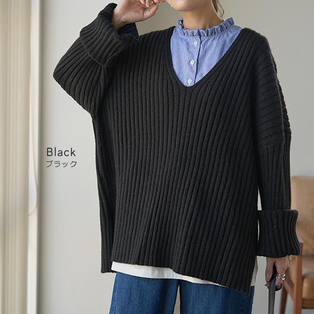 ニット レディース Vネック トップス セーター 黒 無地 長袖 リブ ドロップショルダー | HUG.U | 14