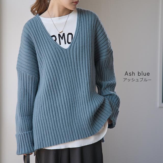 ニット レディース Vネック トップス セーター 黒 無地 長袖 リブ ドロップショルダー | HUG.U | 16