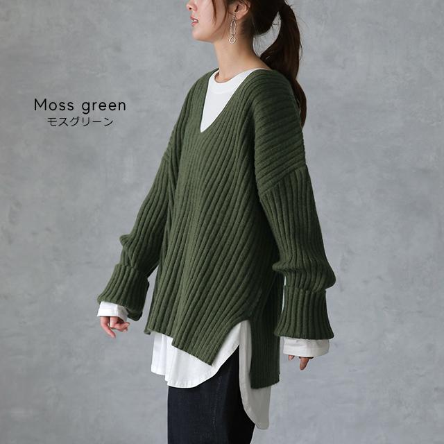 ニット レディース Vネック トップス セーター 黒 無地 長袖 リブ ドロップショルダー | HUG.U | 18