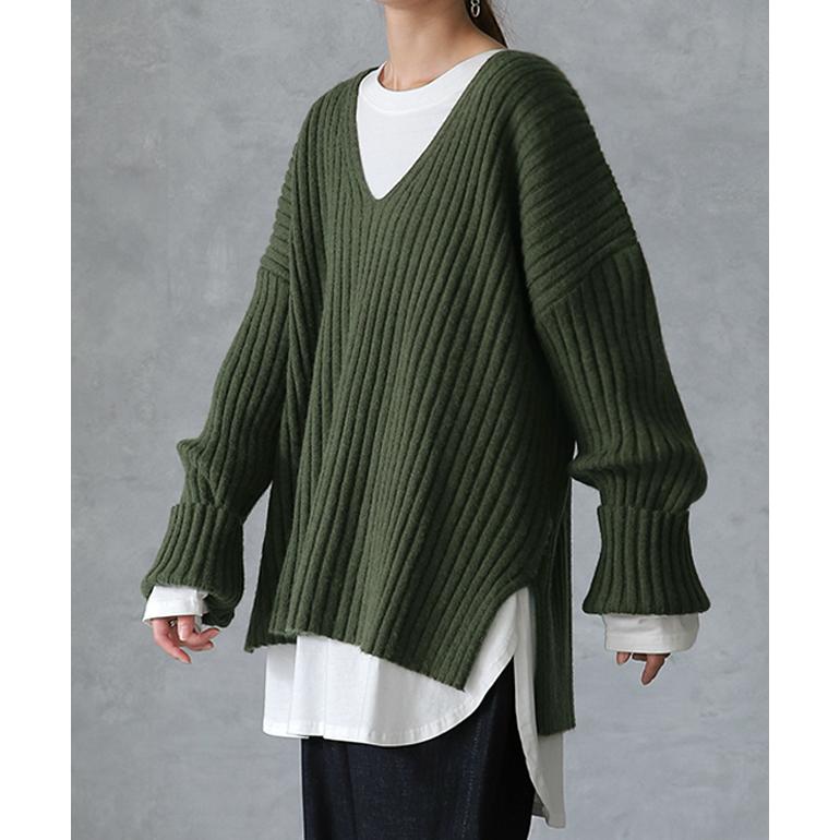 ニット レディース Vネック トップス セーター 黒 無地 長袖 リブ ドロップショルダー | HUG.U | 22