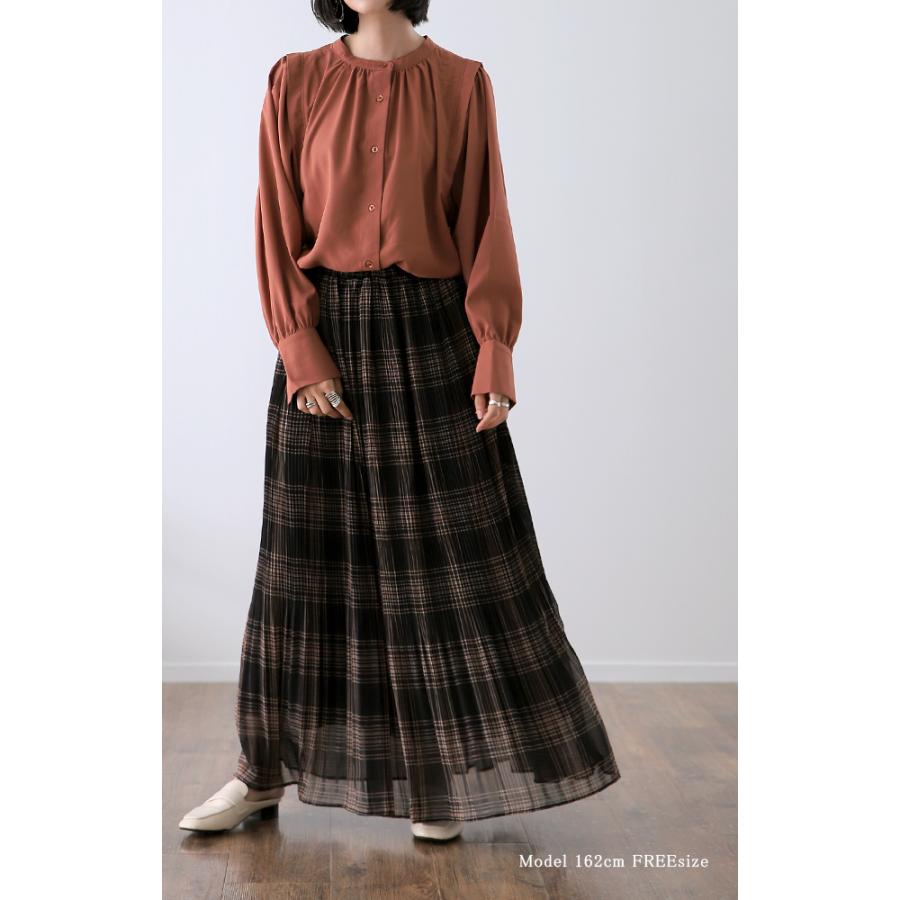 スカート 裏起毛 ロング  レディース ロングスカート プリーツ チェック シフォン 2411sl | HUG.U | 21