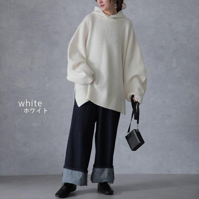 ニット パーカー トップス プルオーバー レディース フーディ スリット セーター | HUG.U | 14