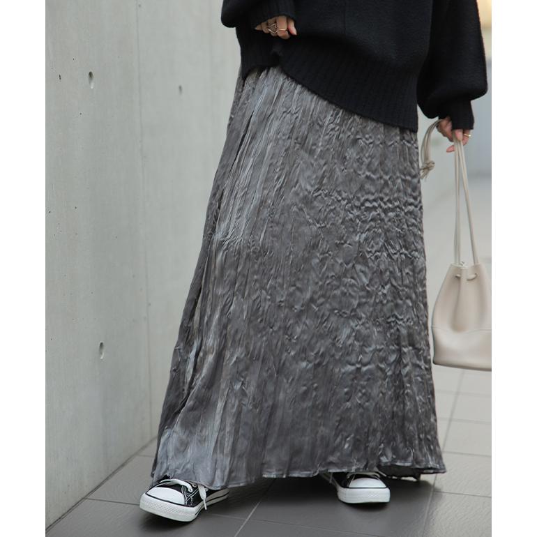 スカート ロング 裏起毛 黒 ワッシャー スカート ロングスカート サテン プリーツ | HUG.U | 20