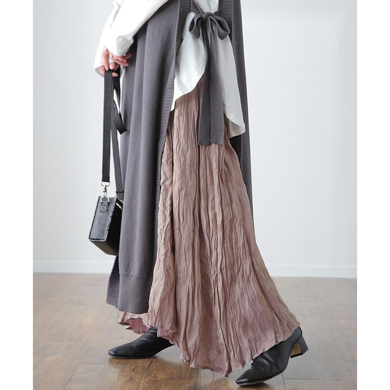 スカート ロング 裏起毛 黒 ワッシャー スカート ロングスカート サテン プリーツ | HUG.U | 06