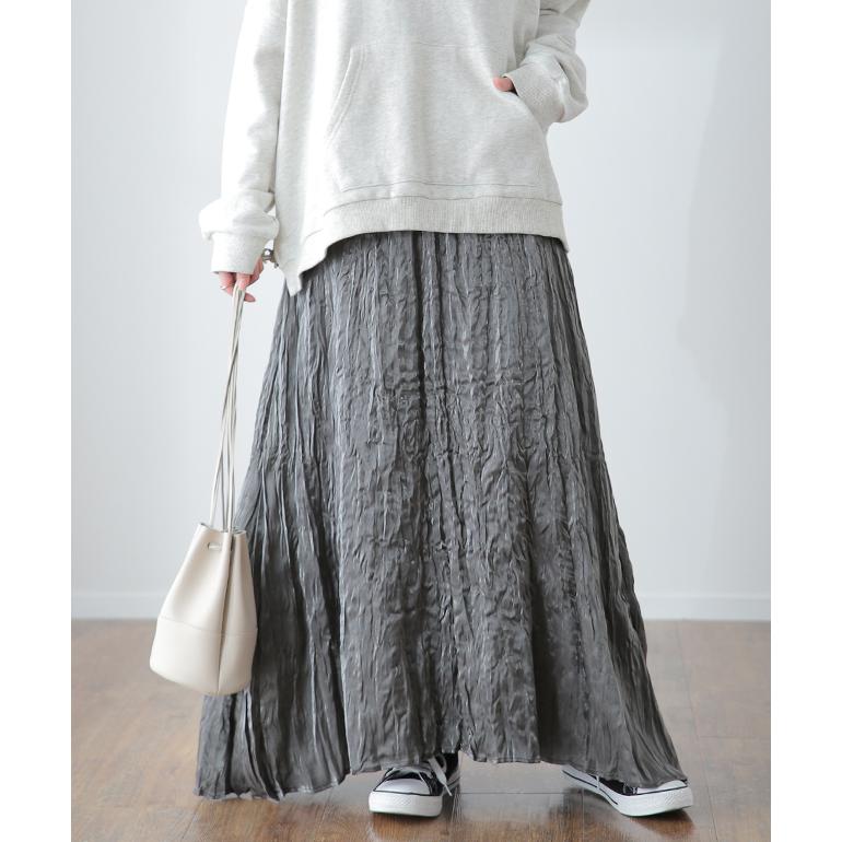 スカート ロング 裏起毛 黒 ワッシャー スカート ロングスカート サテン プリーツ | HUG.U | 07