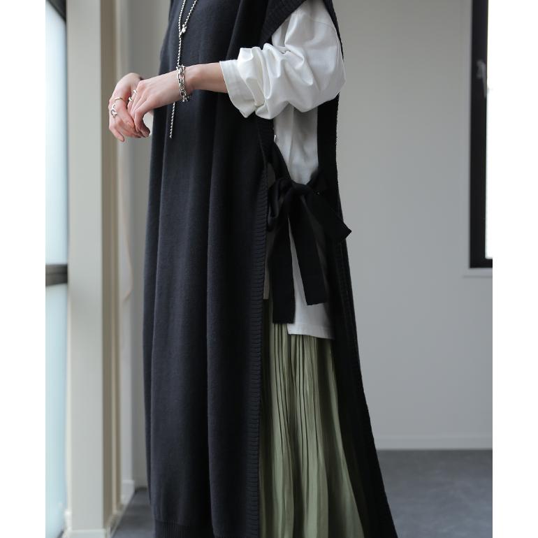 ベスト ニット レディース レイヤード  セーター ロング スリット リボン 重ね着 | HUG.U | 16