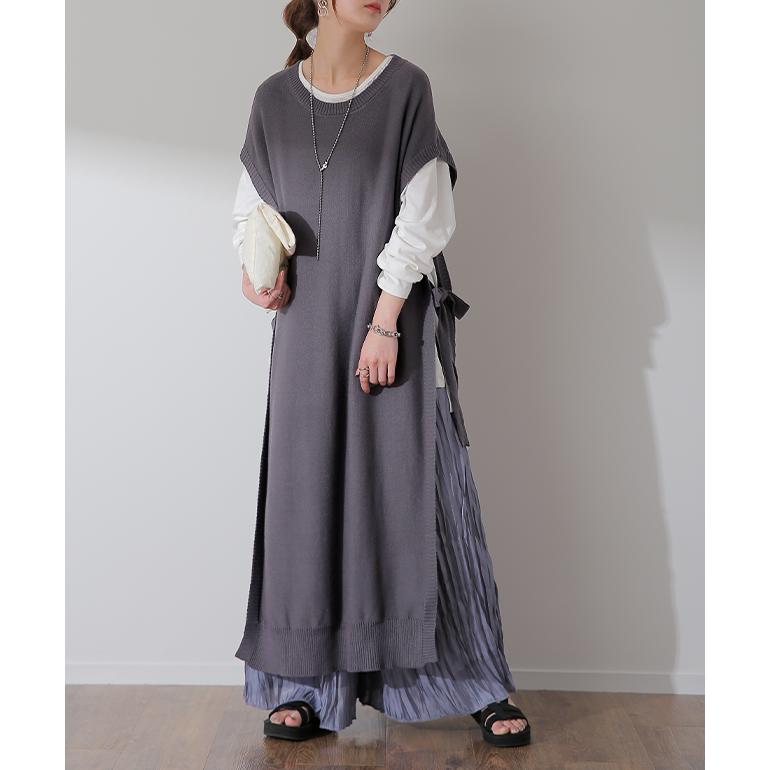 ベスト ニット レディース レイヤード  セーター ロング スリット リボン 重ね着 | HUG.U | 07