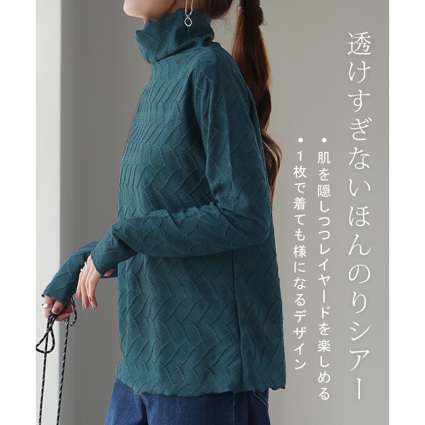 トップス レディース ハイネック インナー 長袖 カットソー タートル レイヤード 肌隠し 刺繍 シアー | HUG.U | 05