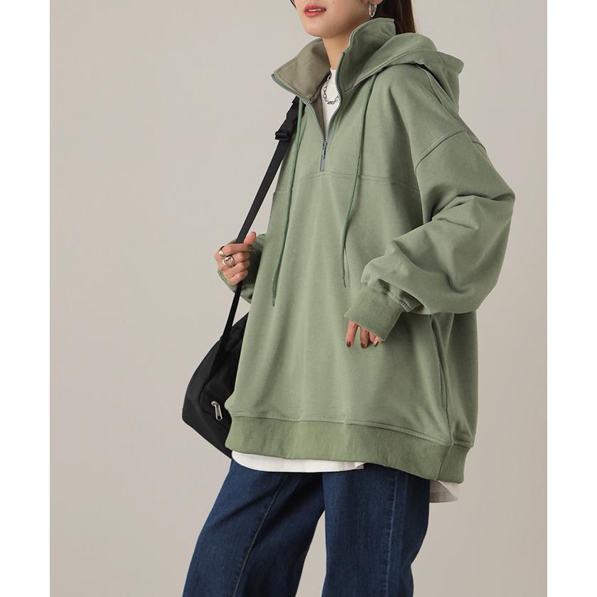パーカー レディース ハーフジップ オーバーサイズ トップス お尻が隠れる スウェット | HUG.U | 19