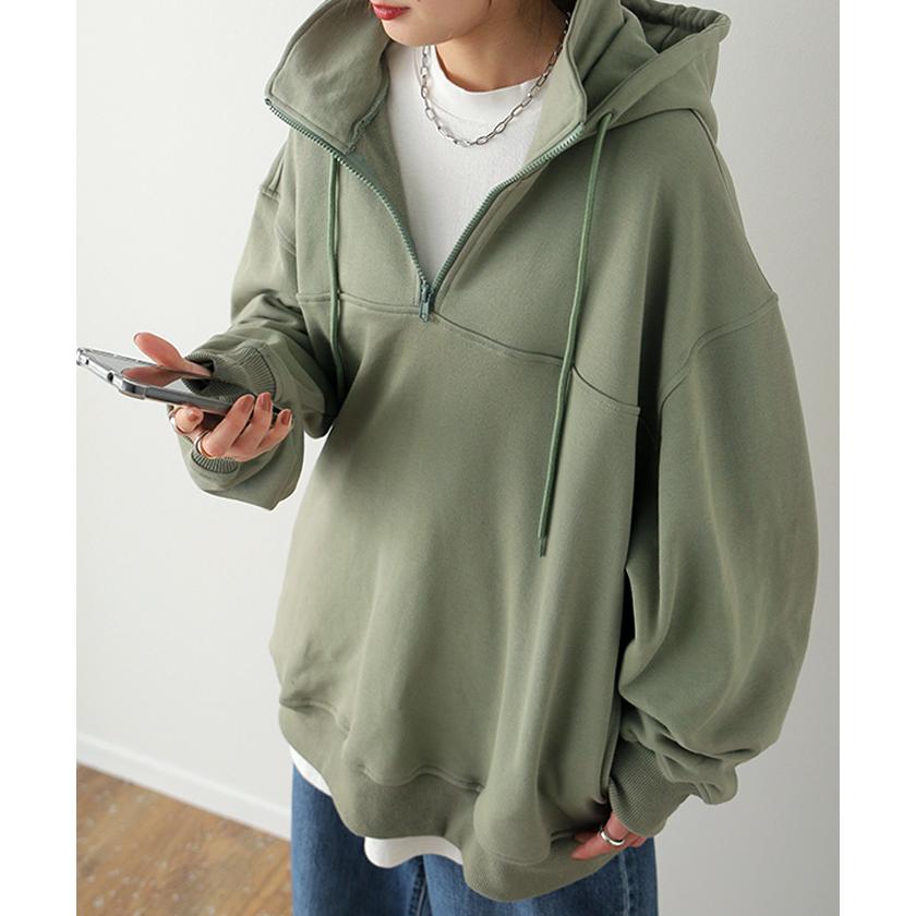 パーカー レディース ハーフジップ オーバーサイズ トップス お尻が隠れる スウェット | HUG.U | 07