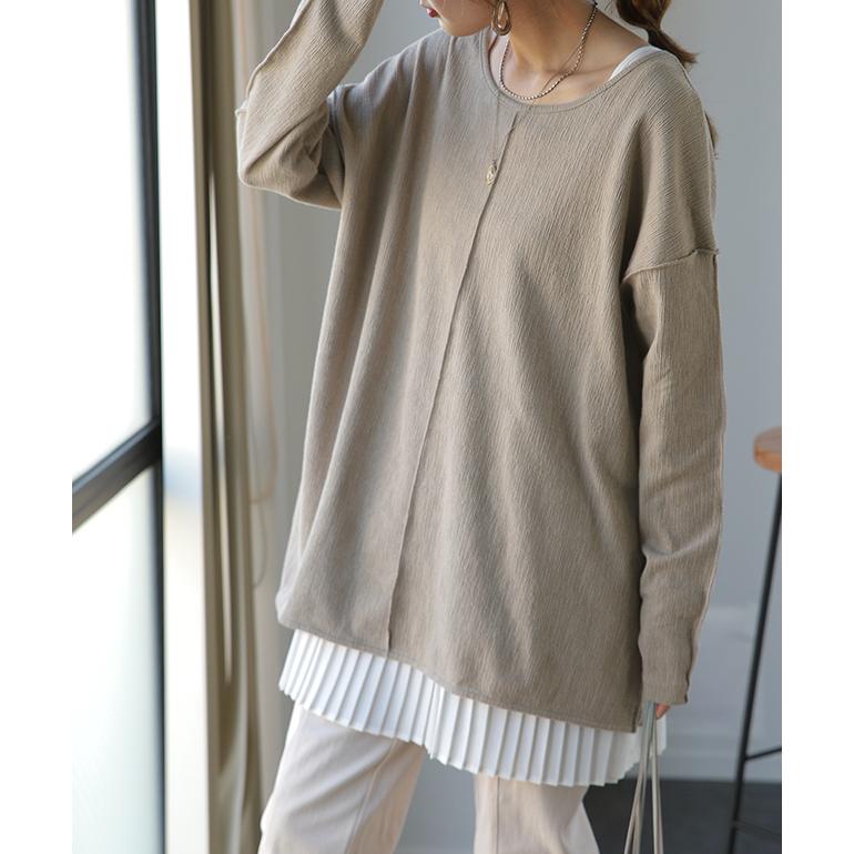 トップス レディース  ロンT Tシャツ レイヤード スリット 無地 長袖 丸首 | HUG.U | 23