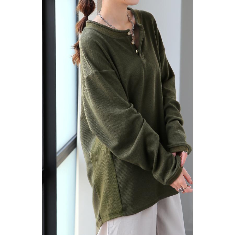 カットソー 柔らか ヘンリーネック Tシャツ トップス ロング リブ 無地 長袖 | HUG.U | 20