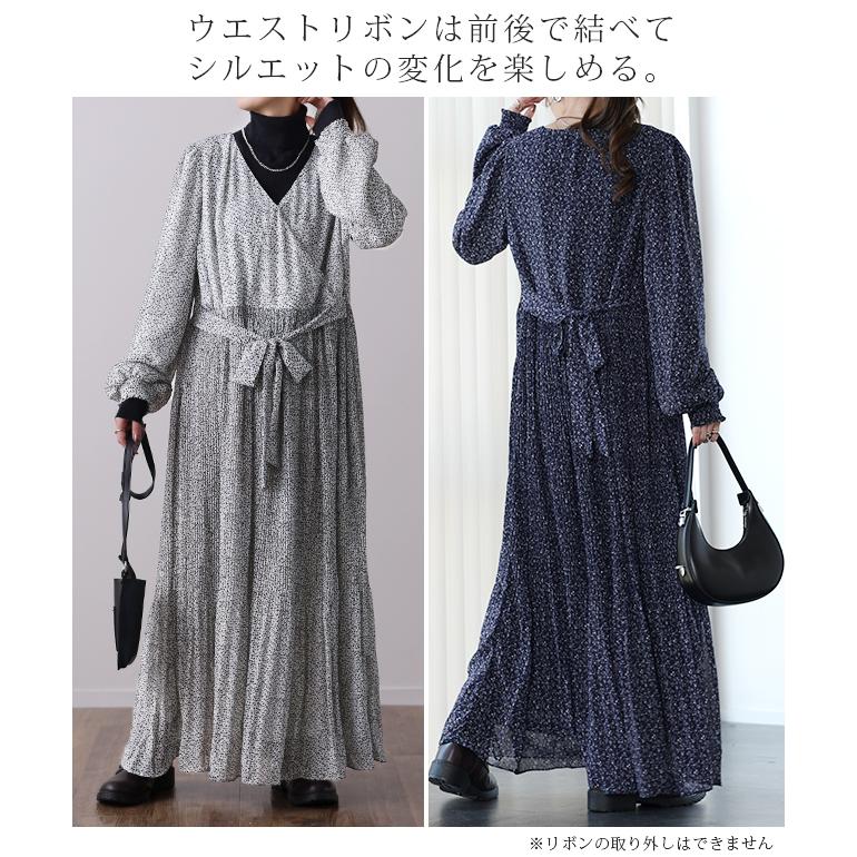 ワンピース シフォン プリーツ ロングワンピース レディース プリーツワンピ 長袖 きれいめ 花柄 | HUG.U | 18