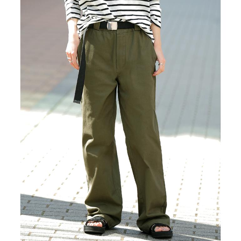 パンツ レディース 脚長 チノパン ロング ワイドパンツ ストレート ゴム 黒 白 ベージュ | HUG.U | 11