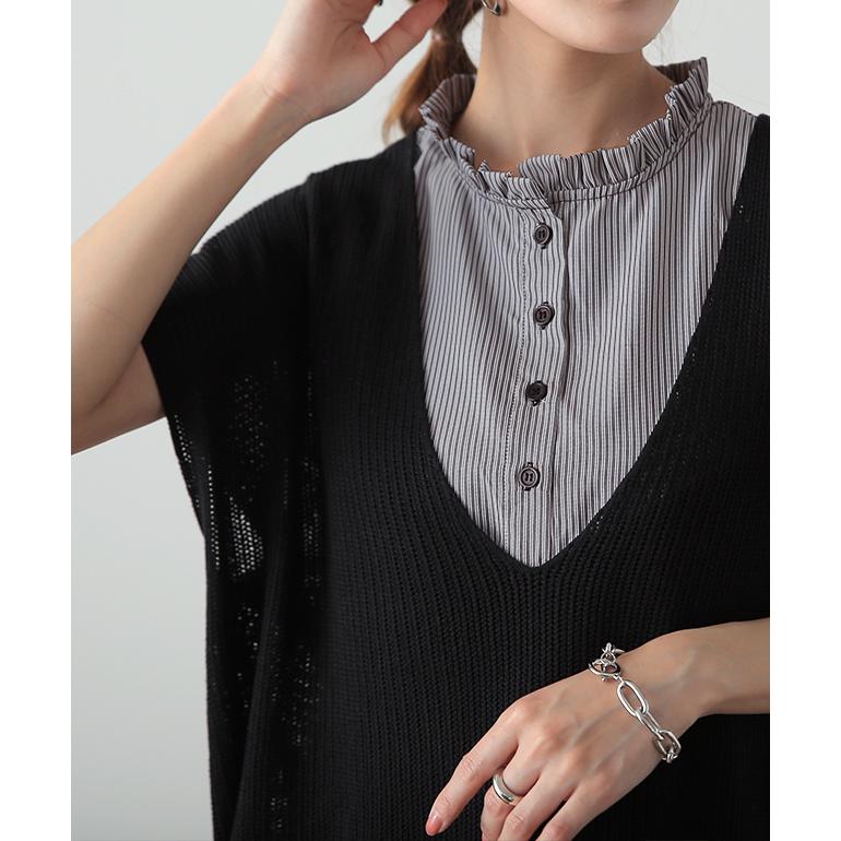 タンクトップ レディース レイヤード トップス ストライプ つけ襟 インナー ブラウス シャツ フリル 襟 | HUG.U | 16