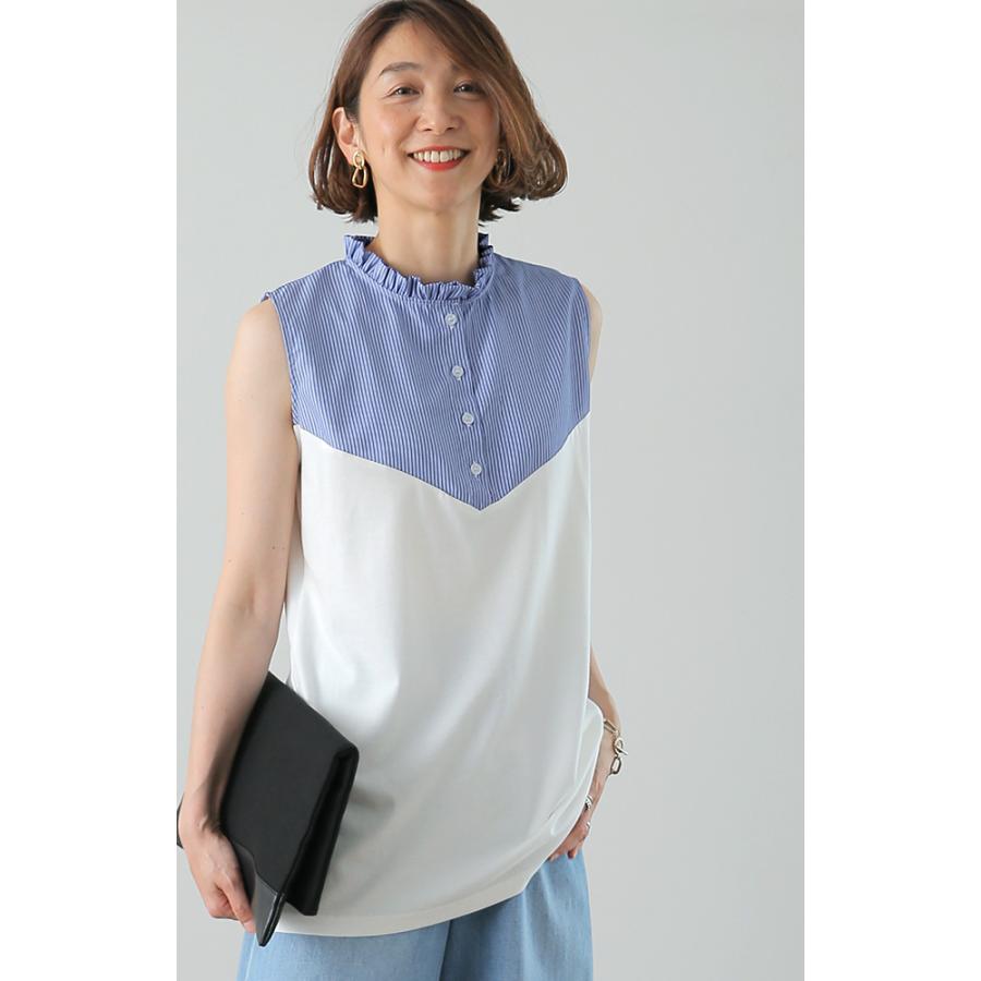 pium ピウム ネクタイ付きスクエアフリルトップス　グレー　ストライプ　半袖 ネクタイ付きスクエアフリルトップス – pium