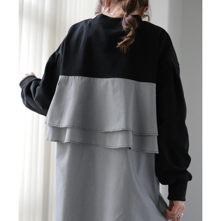 カットソー レディース バックフリル トレーナー 長袖 切り替え スウェット ストライプ 異素材 | HUG.U | 06