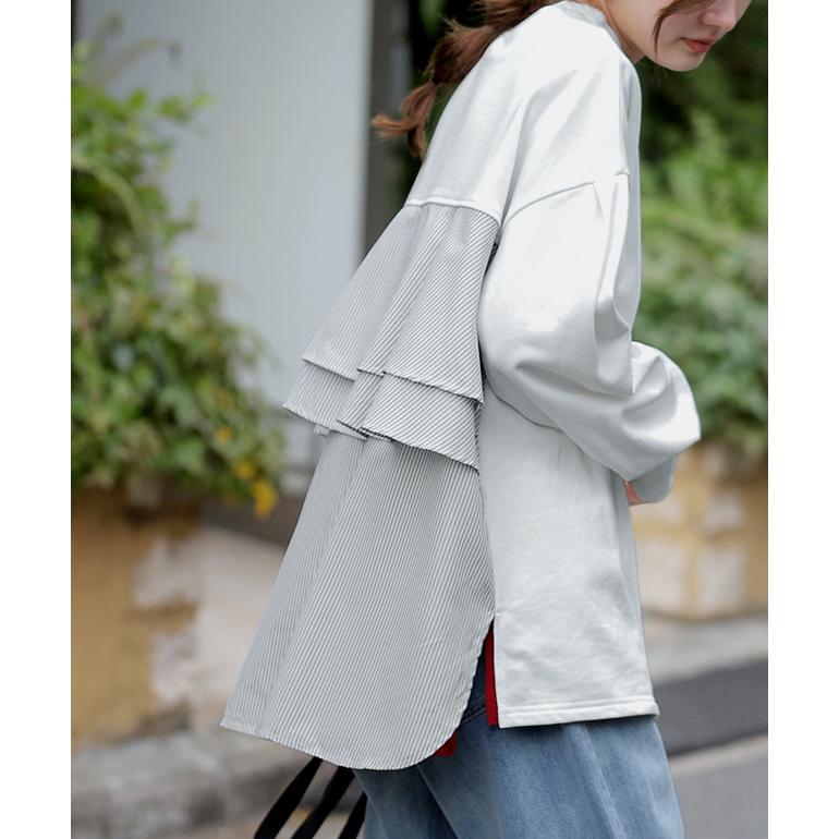 カットソー レディース バックフリル トレーナー 長袖 切り替え スウェット ストライプ 異素材 | HUG.U | 07