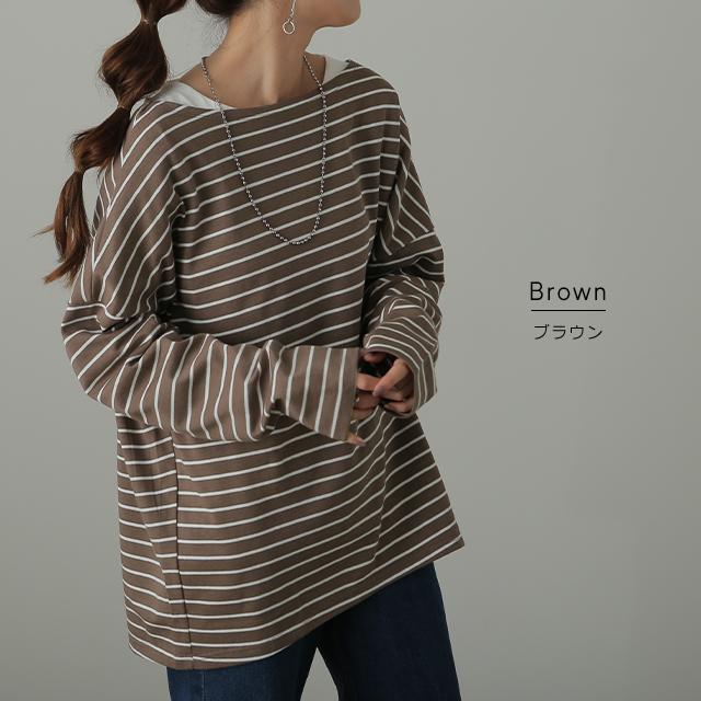 トップス ボーダー カットソー レディース ロンT オーバーサイズ ロングTシャツ ボートネック 長袖 Tシャツ | HUG.U | 14
