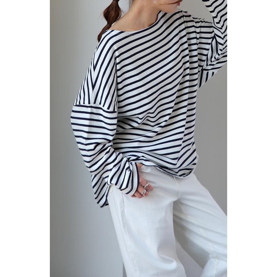 トップス ボーダー カットソー レディース ロンT オーバーサイズ ロングTシャツ ボートネック 長袖 Tシャツ | HUG.U | 20