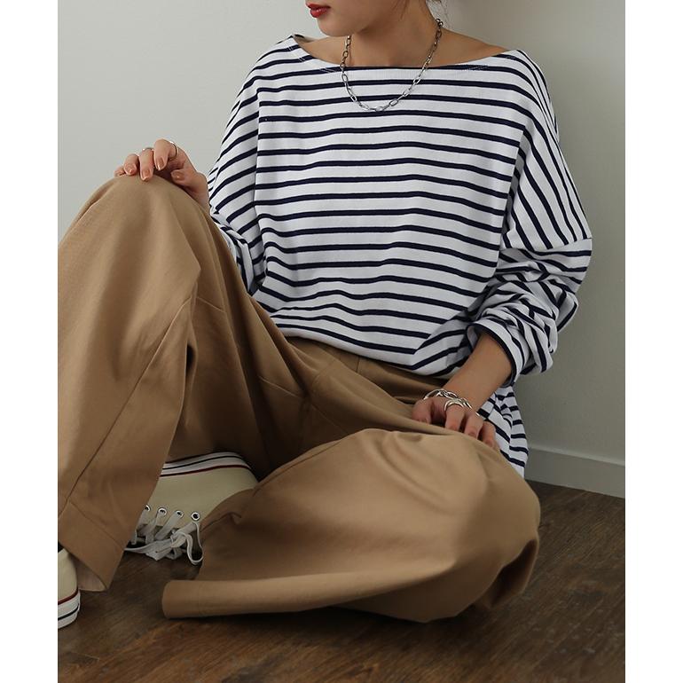 トップス ボーダー カットソー レディース ロンT オーバーサイズ ロングTシャツ ボートネック 長袖 Tシャツ | HUG.U | 21