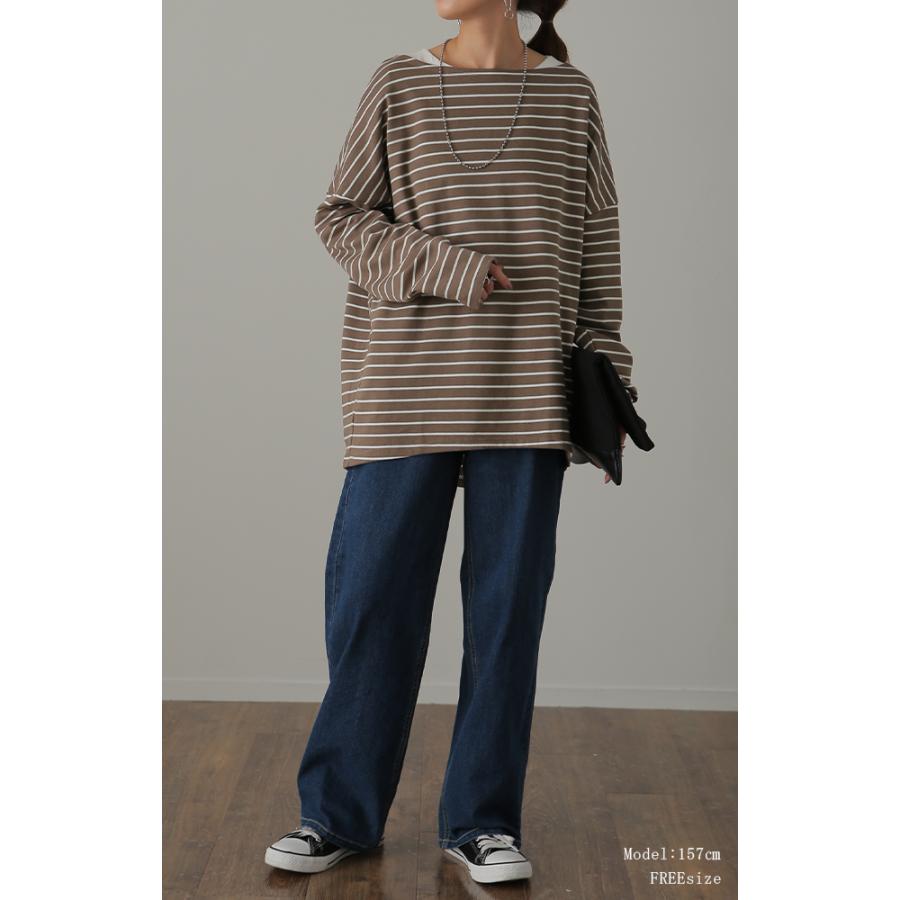 トップス ボーダー カットソー レディース ロンT オーバーサイズ ロングTシャツ ボートネック 長袖 Tシャツ | HUG.U | 07