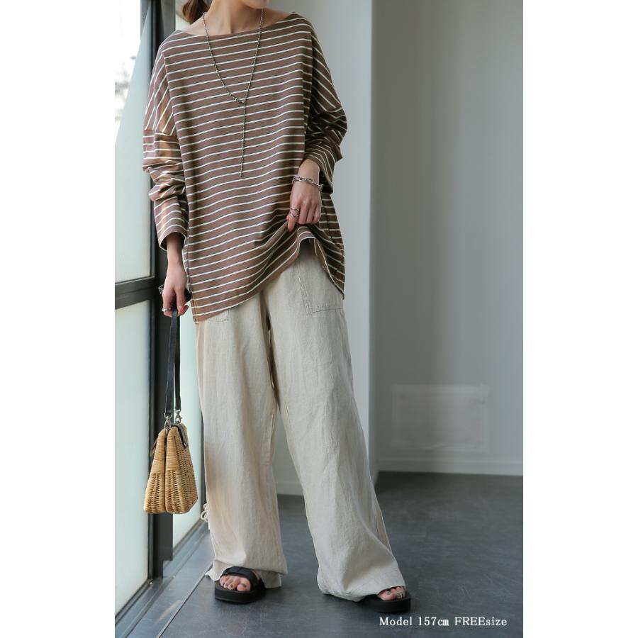 トップス ボーダー カットソー レディース ロンT オーバーサイズ ロングTシャツ ボートネック 長袖 Tシャツ | HUG.U | 07