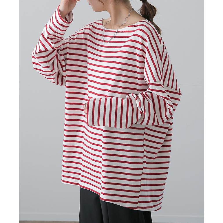トップス ボーダー カットソー レディース ロンT オーバーサイズ ロングTシャツ ボートネック 長袖 Tシャツ | HUG.U | 09