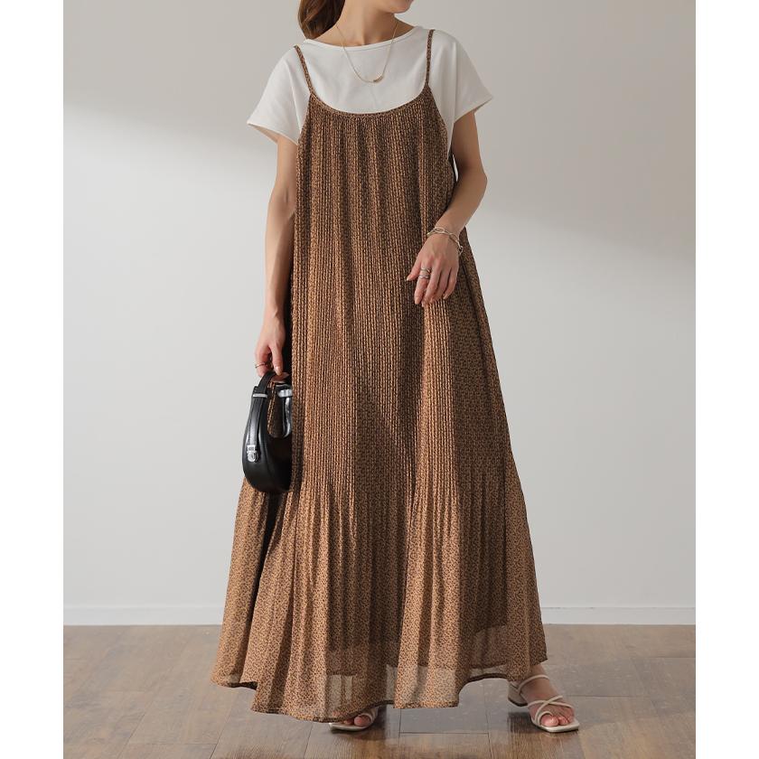 ワンピース  ロング 花柄 シフォン レディース キャミワンピ 透け ロングワンピース 小花柄  マキシ プリーツ レイヤード | HUG.U | 08