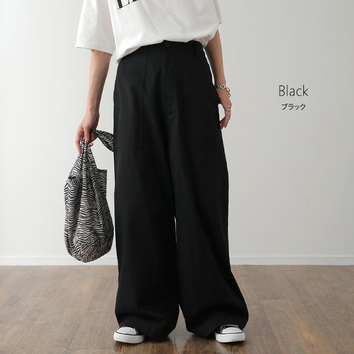 パンツ レディース ワイドパンツ ベイカーパンツ 脚長 チノパン ストレート 綿100% コットン ボトムス | HUG.U | 17