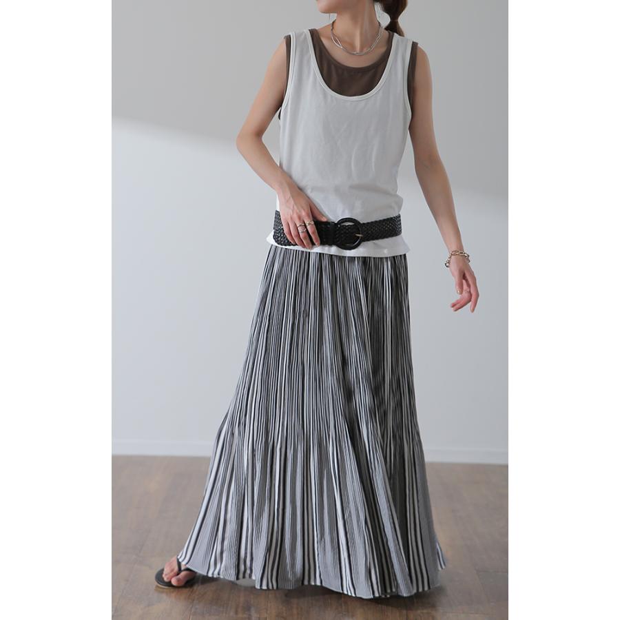 スカート ロング シフォン プリーツスカート プリーツスカート ロングスカート ストライプ ゴム マキシ レディース ボトムス | HUG.U | 21