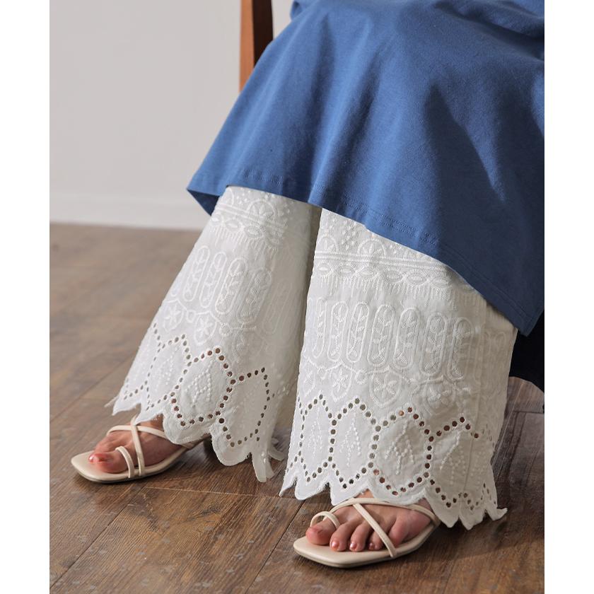 ペチパンツ 綿100% レディース レイヤード パンツ セミフレア ボトムス レース ロング ゴム ワイドパンツ 刺繍 ペチコート | HUG.U | 07