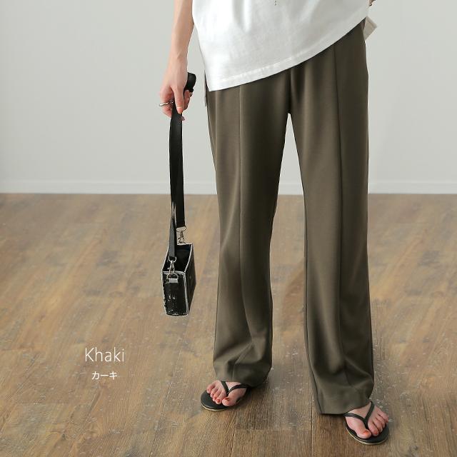 パンツ レディース ワイドパンツ ロング フレアパンツ センターライン ゴム ボトムス ハイウエスト きれいめ カラーパンツ | HUG.U | 24