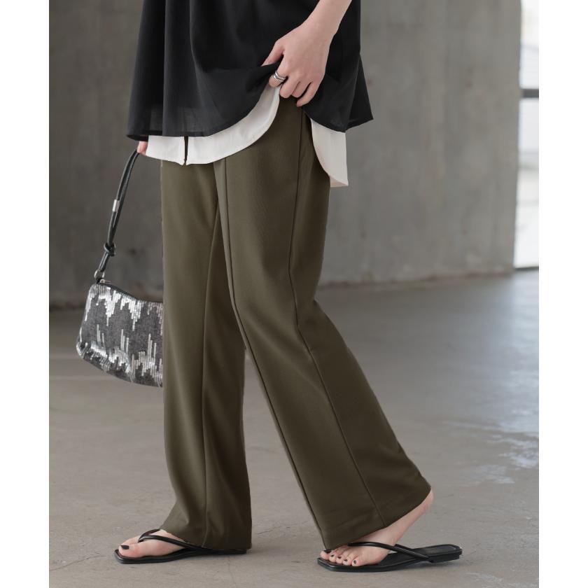パンツ レディース ワイドパンツ ロング フレアパンツ センターライン ゴム ボトムス ハイウエスト きれいめ カラーパンツ | HUG.U | 10
