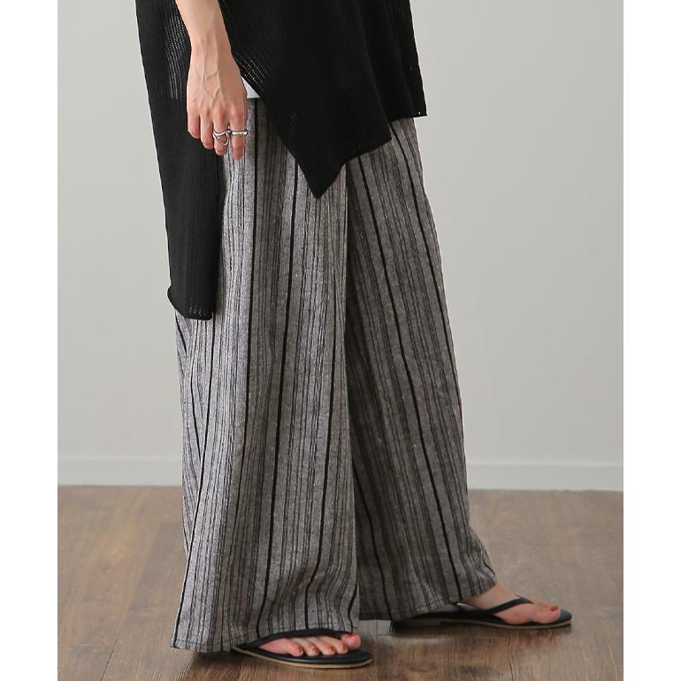 ワイドパンツ レディース 綿 ストライプ パンツ ロング ボトムス ゴム ゆったり ワイド ナチュラル リネン | HUG.U | 12