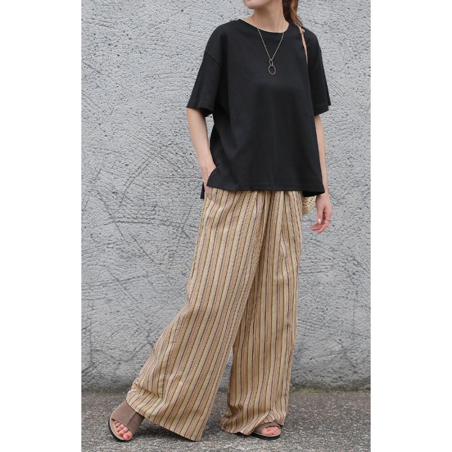 ワイドパンツ レディース 綿 ストライプ パンツ ロング ボトムス ゴム ゆったり ワイド ナチュラル リネン | HUG.U | 13