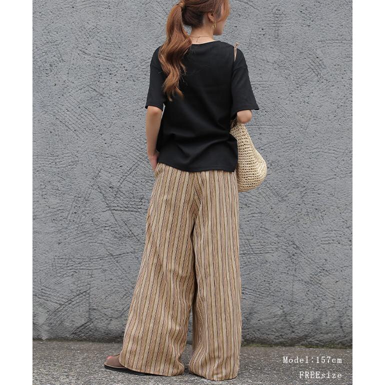 ワイドパンツ レディース 綿 ストライプ パンツ ロング ボトムス ゴム ゆったり ワイド ナチュラル リネン | HUG.U | 21