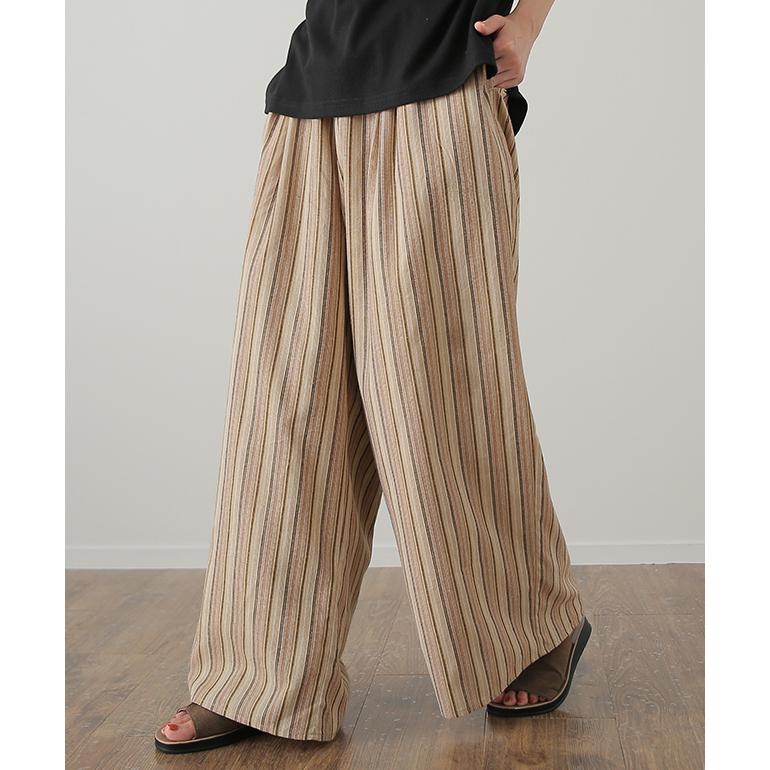 ワイドパンツ レディース 綿 ストライプ パンツ ロング ボトムス ゴム ゆったり ワイド ナチュラル リネン | HUG.U | 06