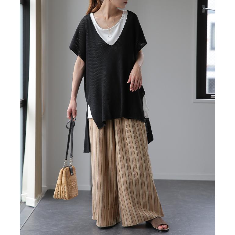 ワイドパンツ レディース 綿 ストライプ パンツ ロング ボトムス ゴム ゆったり ワイド ナチュラル リネン | HUG.U | 08