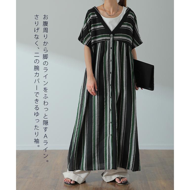 ワンピース 綿 麻 シャツワンピース ストライプ ボーダー マルチボーダー リネン コットン シャツワンピ | HUG.U | 18